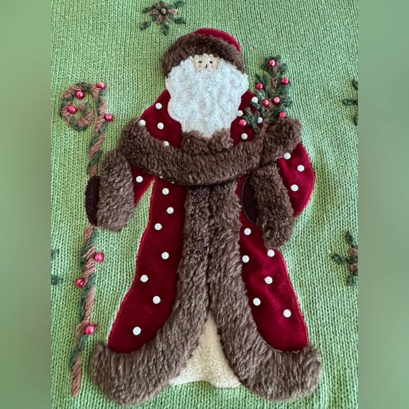 Mandal Bay Vintage Santa Green Faux Fur Beaded Pullover Holiday Sweater Size XL - Picture 3 of 7